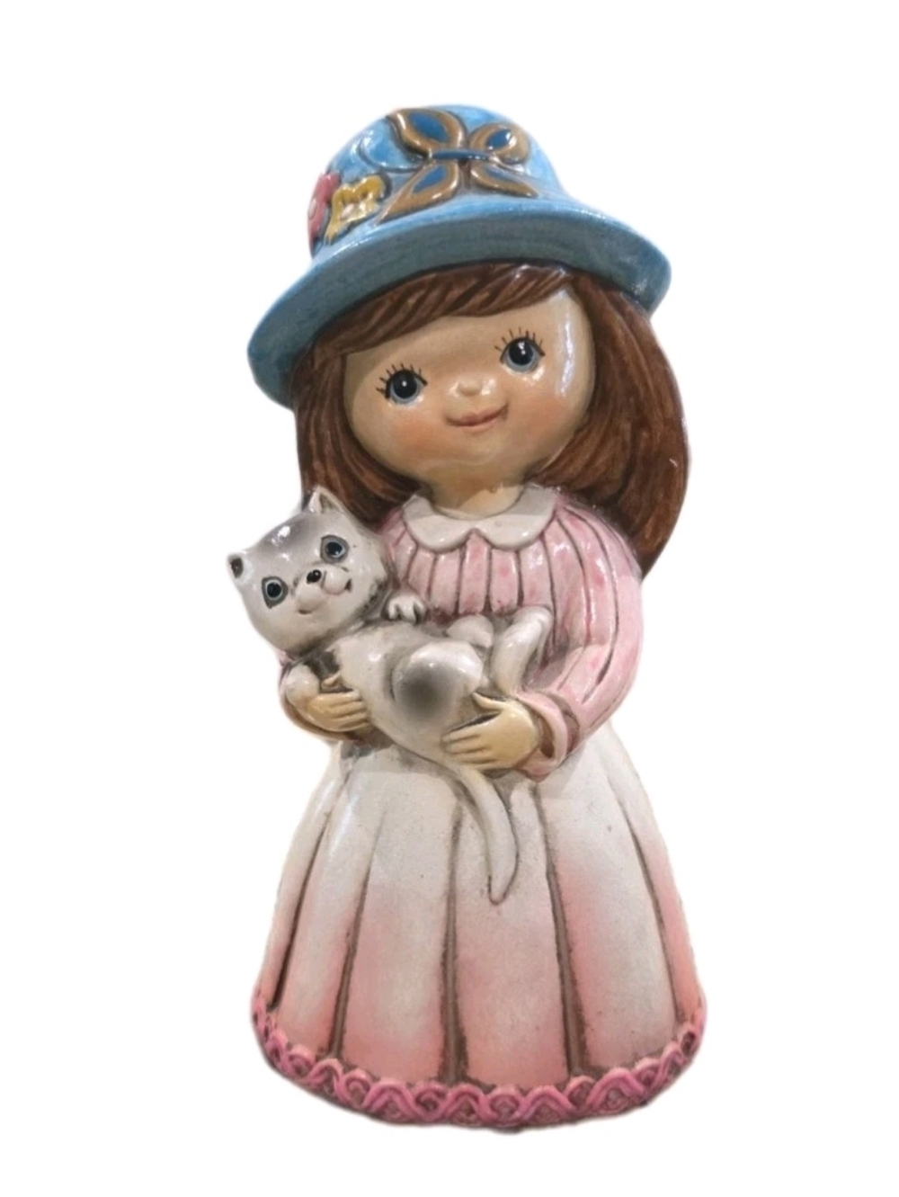 Vintage Girl With Gray Cat Bank 1970s Blue Hat Pink Dress Brown Hair Blue Eyes